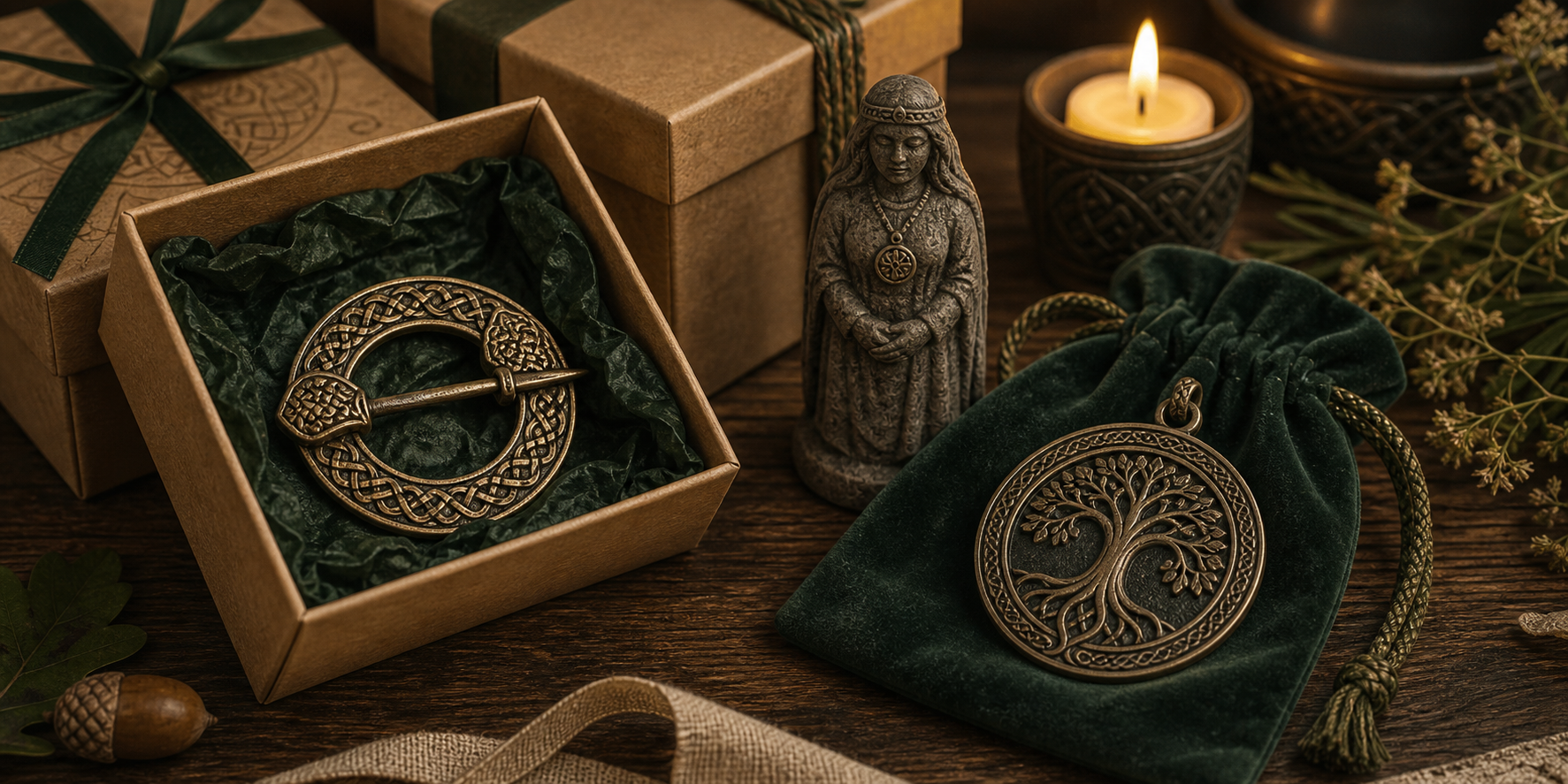 Ornements de tresse celtiques en bronze sur velours vert