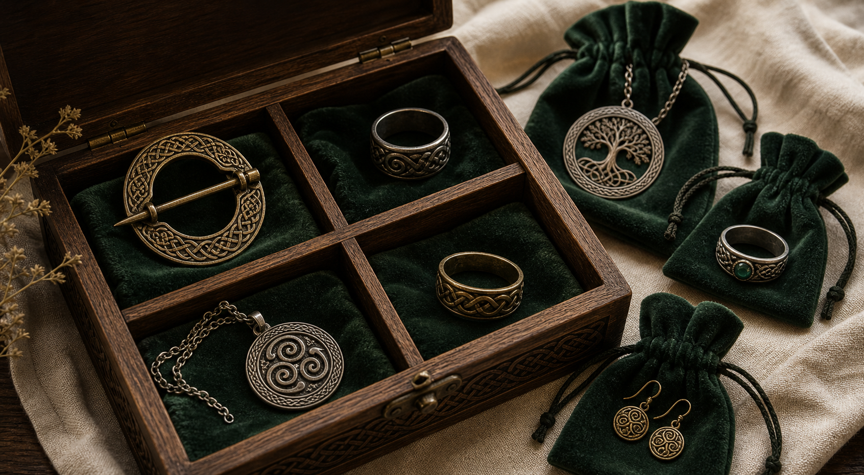 Sélection de cadeaux celtiques avec broche, statue et ornement