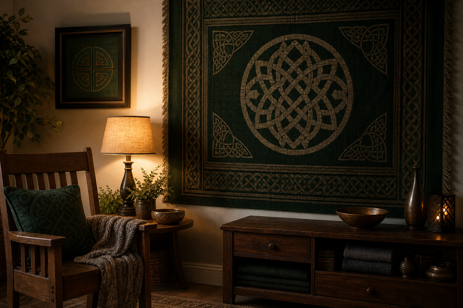 Tapisserie celtique verte dans un intérieur chaleureux