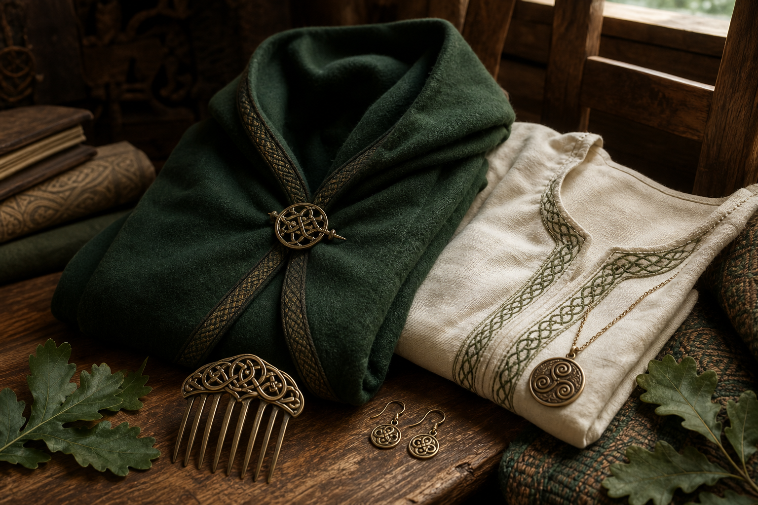 Cape celtique, tunique brodée et accessoires de cheveux