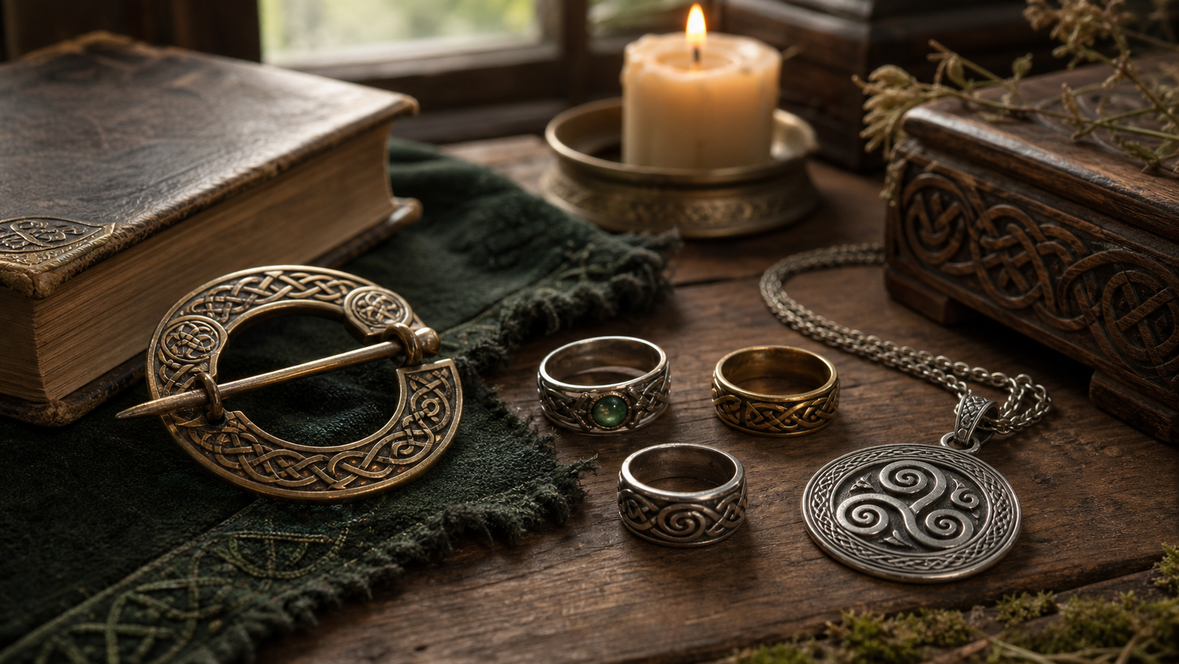 Bijoux celtiques en métal vieilli sur une table d'atelier